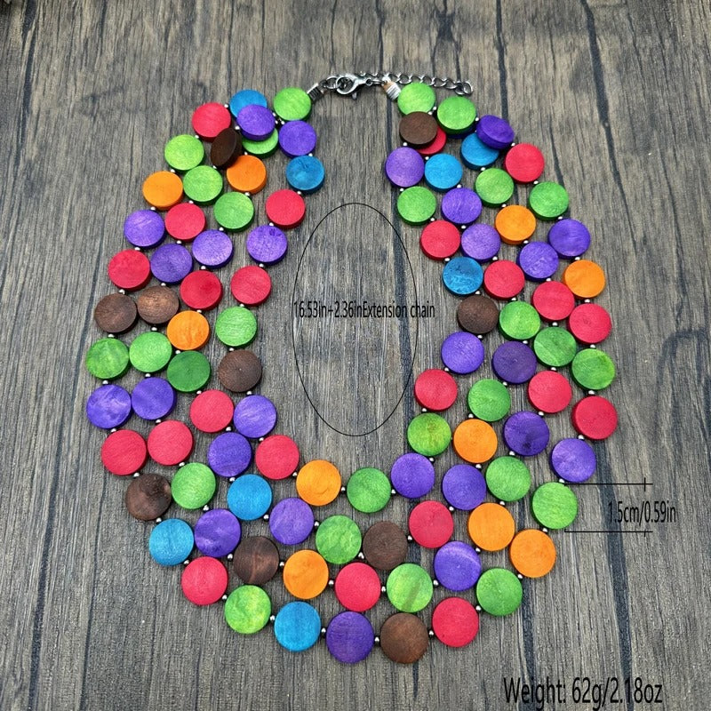 Bohemian Multi-Layer Multicolor Wood Bead Pendant Necklaces